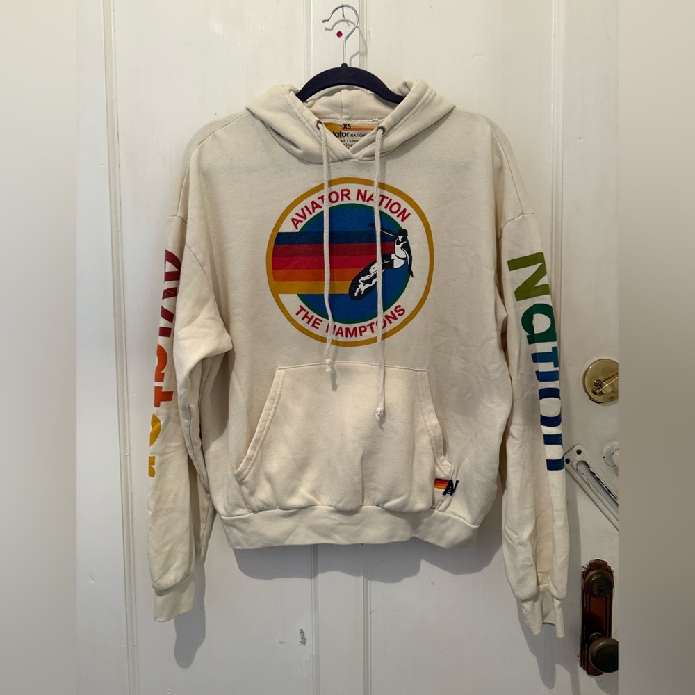 ✨🧡 Aviator Nation “The Hampton’s” Rainbow Logo Hoodie Cream | Size XS